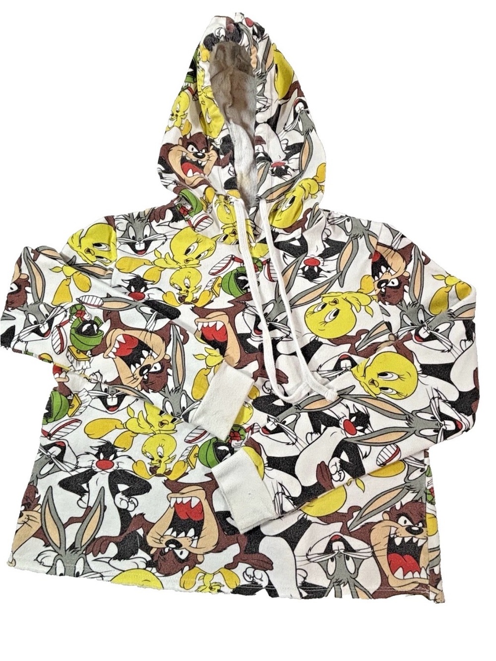 Looney Tunes Hoodie XS All Over Print Bugs Bunny Tweety Taz Fleece Y2K Pullover